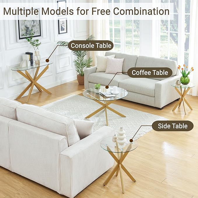 Modern Glass End Table, Small Round Side Table for Couch, Sofa Table with Clear Tempered Glass Top for Living Room, Bedroom, Bedside, 19.7" Wx21.7 H Gold