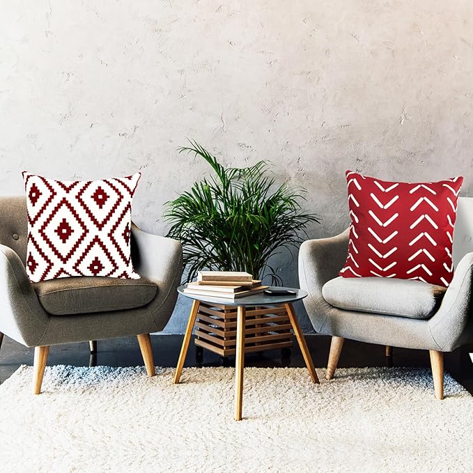 Decorative Throw Pillow Covers 18x18 Inch Wine Red Pillow Covers for Couch Sofa Living Room Bedroom,Farmhouse Outdoor Throw Pillow Cover,Modern Geometric Linen Square Throw Pillow Case Set of 4