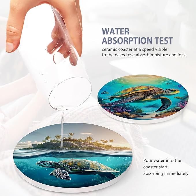 Table Coaster for Drinks Set of 6, Sea Turtles Round Ceramic Coasters,with Cork Base and Metal Holder,Great Housewarming Birthday Gifts,Home Decor