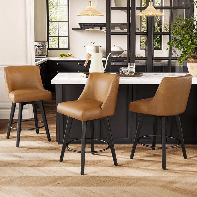 Counter Height Bar Stools Set of 3, Modern Swivel Barstools with Back and Wood Legs, Faux Leather Upholstered Bar Chairs, 26" H Kitchen Counter Stools, Kitchen Island Home Bar, Whisky Brown