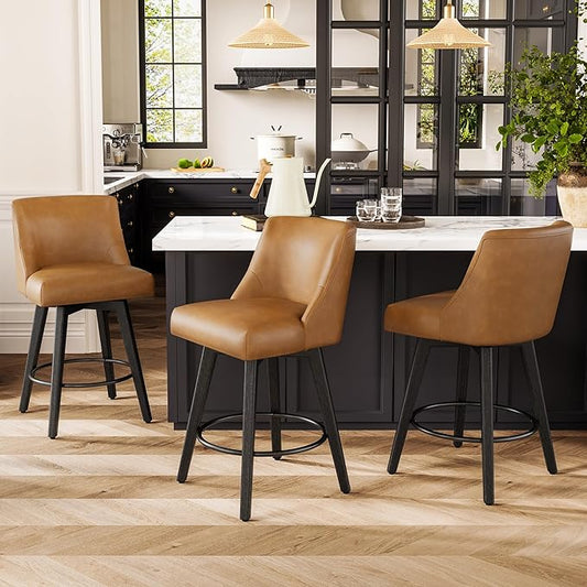 Counter Height Bar Stools Set of 3, Modern Swivel Barstools with Back and Wood Legs, Faux Leather Upholstered Bar Chairs, 26" H Kitchen Counter Stools, Kitchen Island Home Bar, Whisky Brown