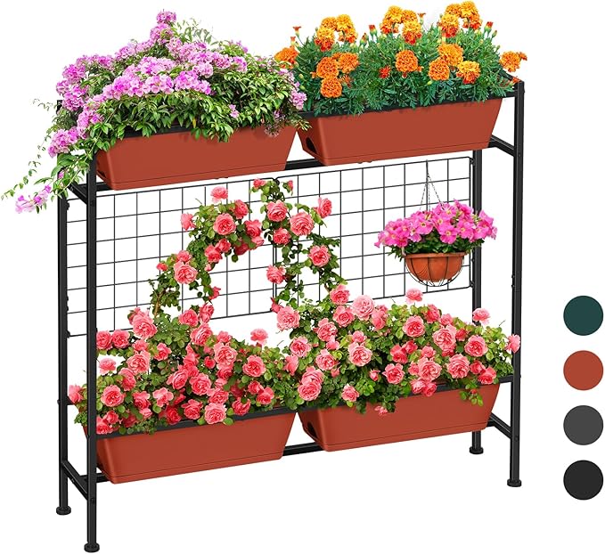 Raised Garden Beds Outdoor Elevated Planter Boxes with Trellis Herb Garden Planter Outdoor Raised Flower Boxes with Legs for Vegetable Patio Balcony Porch, Brick Red