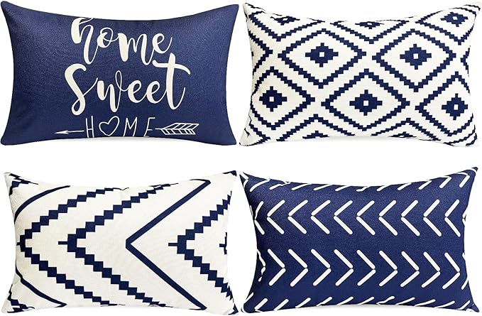 Decorative Throw Pillow Covers Set of 4 Blue Pillow Covers 12x20 inch Throw Pillow Cases Linen Square Pillow Case,Farmhouse Outdoor Modern Geometric Pillow Covers for Couch Sofa Living Room
