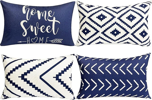 Decorative Throw Pillow Covers Set of 4 Blue Pillow Covers 12x20 inch Throw Pillow Cases Linen Square Pillow Case,Farmhouse Outdoor Modern Geometric Pillow Covers for Couch Sofa Living Room