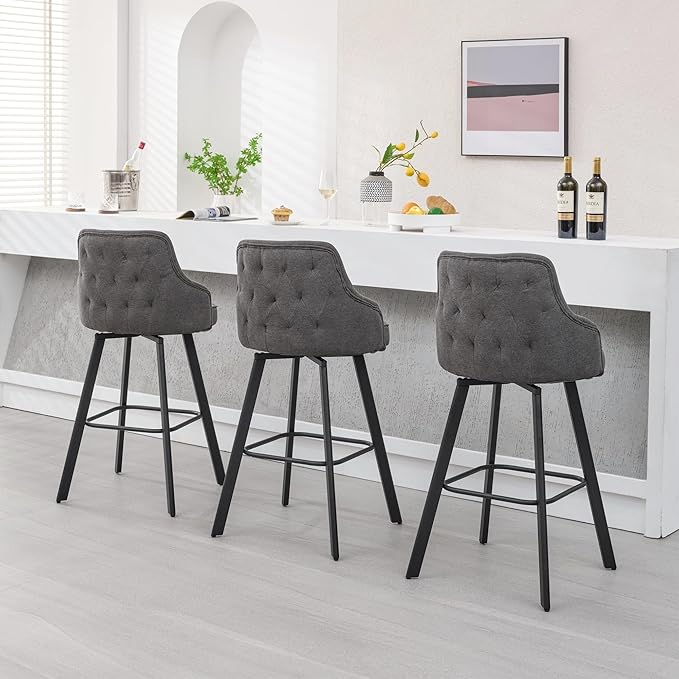 Bar Stools Set of 3, 30" Swivel Bar Height Barstools with High Back, Linen Kitchen Bar Stool Bar Height for Kitchen Island (Dark Grey, 3PCS 30" Bar Stools)
