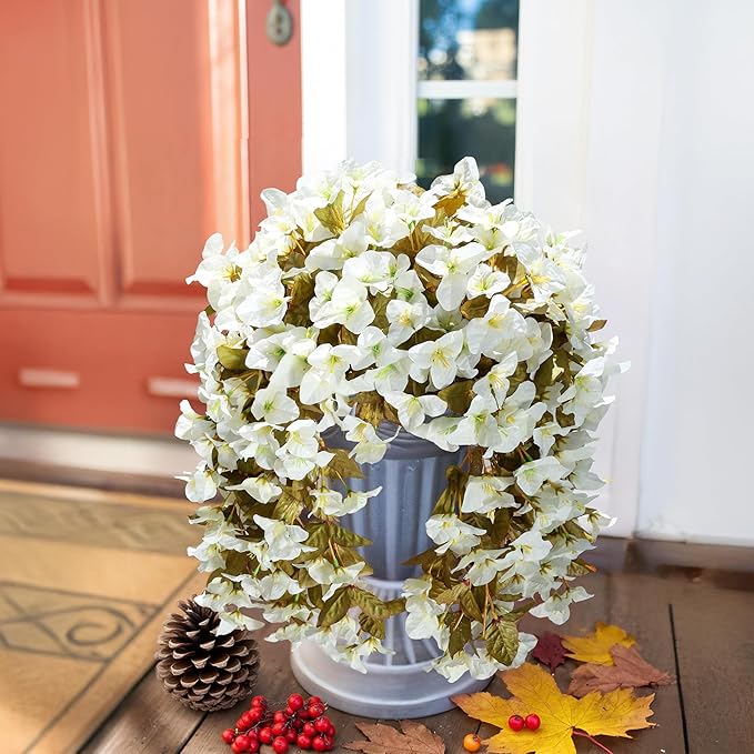 Bougainvillea Artificial Fall Hanging Flowers Plants for Outdoors Autumn Decoration, 2pcs Faux Bougainvillea Vines White Fake Flowers Realistic UV Resistant Silk Flowers for Outside Planter Yard Home