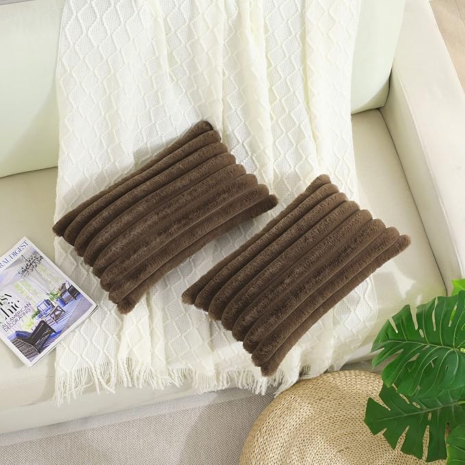 FUTEI Tan Striped Decorative Throw Pillow Covers 12x20 Inch Set of 2,Rectangle Fall Decorations Couch Lumbar Pillowcase,Soft Cozy Faux Rabbit Fur & Velvet Back,Modern Home Decor for Bed