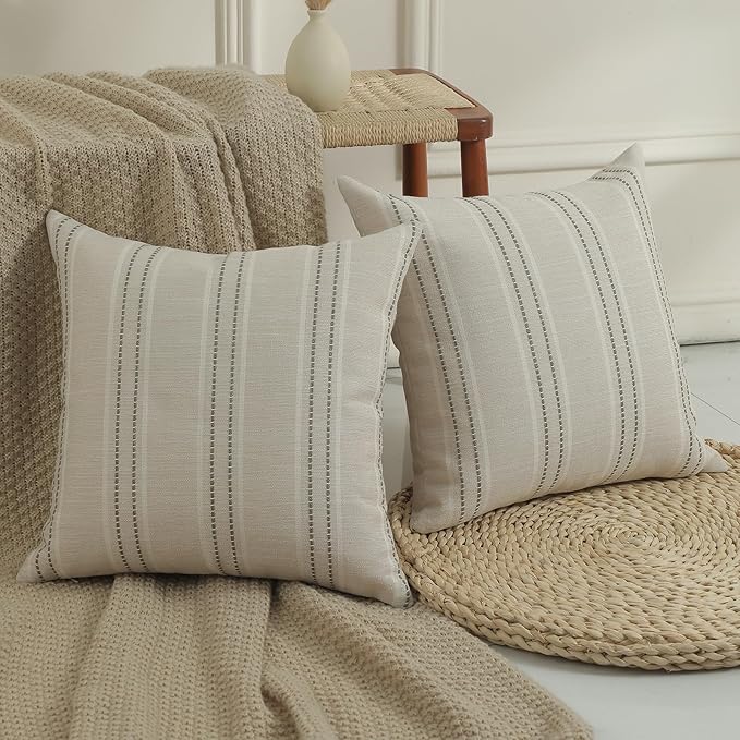 Hckot Throw Pillow Covers 24x24 Set of 2 Striped Pillow Covers Textured Linen Decorative Pillows Square Cushion Covers for Sofa Couch Bed Living Room Farmhouse Decor, Greyish Green