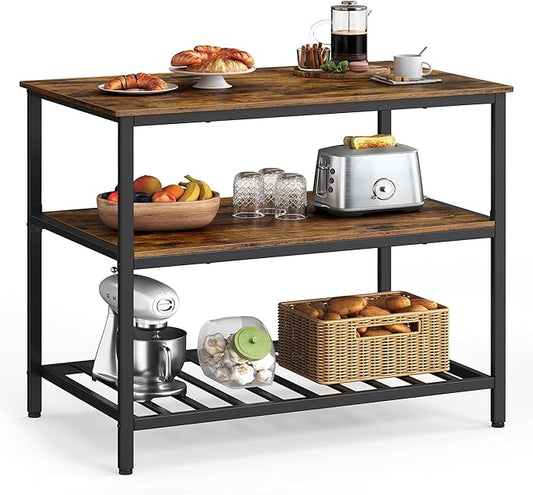 VASAGLE Kitchen Island with 3 Shelves, 39.4 Inches Width Kitchen Shelf with Large Worktop, Stable Steel Structure, Industrial, Easy to Assemble, Rustic Brown and Black UKKI005B01