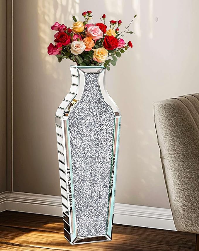 Flower Vase Crushed Diamond: Crystal Silver Mirror Vase Geometric Decorative Vases Large Bling Glass Mirrored Decor for Luxury Home Centerpieces, Won't Hold Water