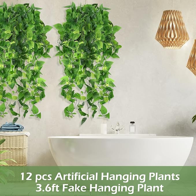 Hoteam 12 Pcs Artificial Hanging Plants 32 Inch Fake Ivy Vines with Fake Leaves Patio Artificial Plants Greenery for Living Room Indoor Outdoor Wall, No Basket (Pothos)