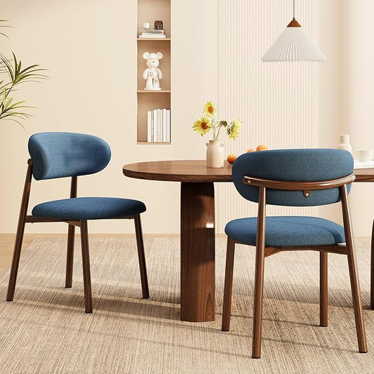 Kitchen Dining Chairs Set of 2 Modern Soft Linen Farmhouse Dining Room Chair with Metal Legs, Blue/Walnut