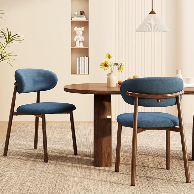 Kitchen Dining Chairs Set of 4 Modern Soft Linen Farmhouse Dining Room Chair with Metal Legs, Blue/Walnut