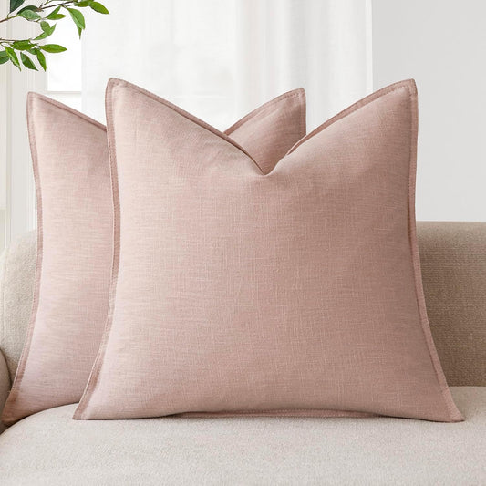 Foindtower Pack of 2, Decorative Linen Solid Throw Pillow Covers Soft Accent Cushion Case Boho Farmhouse Pillowcase for Bed Chair Couch Sofa Bedroom Living Room Home Decor 16 x 16 Inch Light Pink