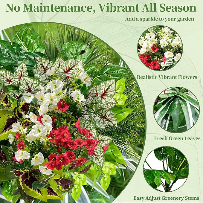 19PCS Artificial Plants Outdoor UV Resistant Faux Greenery Stems & Flowers Realistic Fake Shrubs Bushes for Patio Garden Front Porch Yard Decor