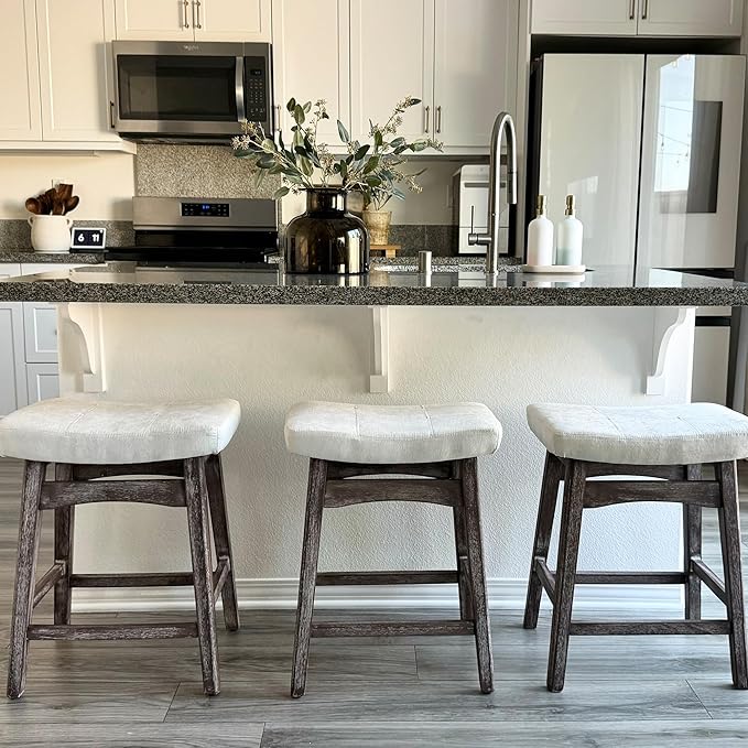 PHI VILLA Farmhouse Bar Stools Set of 3 - Wood Bartools with Upholstered Saddle Seat, 24 inch stools for Kitchen Counter Set of 3