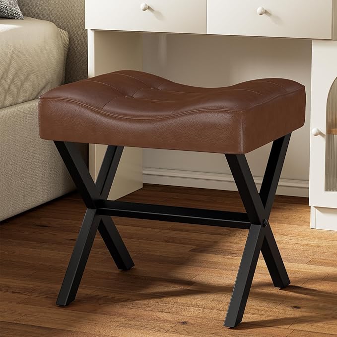 18-Inch Large Leather Vanity Stool, Vanity Chair with Metal X-Leg, Ottoman Accent Stool with Thick Padded Saddle Seat, Dark Brown