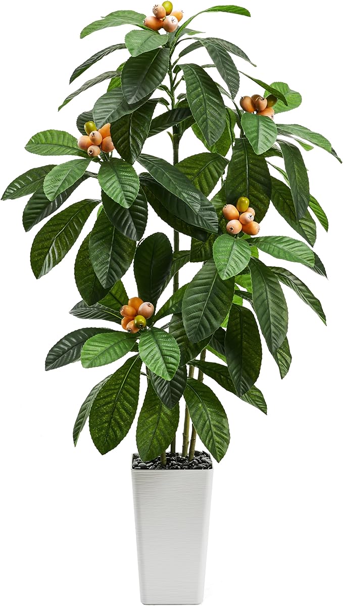 Artificial Loquat Tree：Faux Tree Realistic Fake Tropical Fruit Plant Large Silk Floor Plants with Lifelike Fruits&Pot for Home Decor Indoor Outdoor Room Office Patio Balcony(5FT,1-Pack,White)