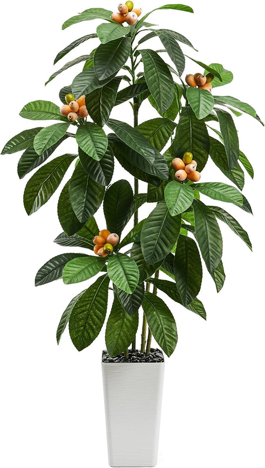 Artificial Loquat Tree：Faux Tree Realistic Fake Tropical Fruit Plant Large Silk Floor Plants with Lifelike Fruits&Pot for Home Decor Indoor Outdoor Room Office Patio Balcony(5FT,1-Pack,White)