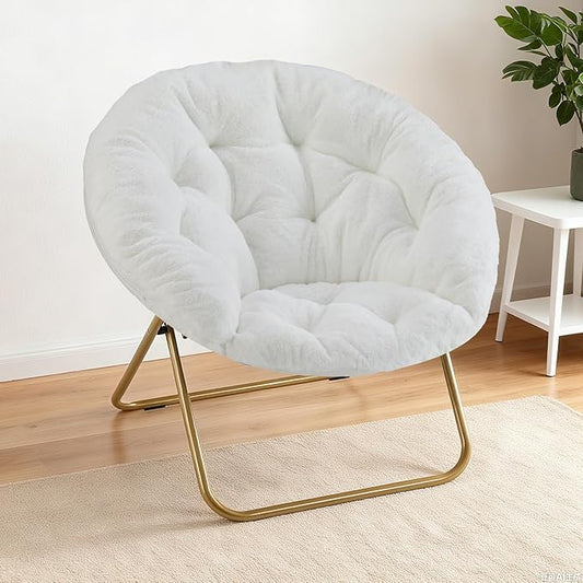 NEWBULIG Comfy Saucer Chairs Soft Lounge Cute Folding Bedroom Living Room Seat Flexible Reading Foldable Seating for Adults Thick Padded Metal Frame Modern for Home Office White