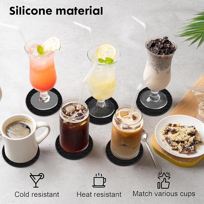 Silicone Coasters for Drinks Coaster Set of 6 pcs Cup Coasters with Holder for Coffee Table for Home Decor for Kinds of Cups Cute Tabletop Protection Suitable Gift for Friend Rubber Drink Coaster Set