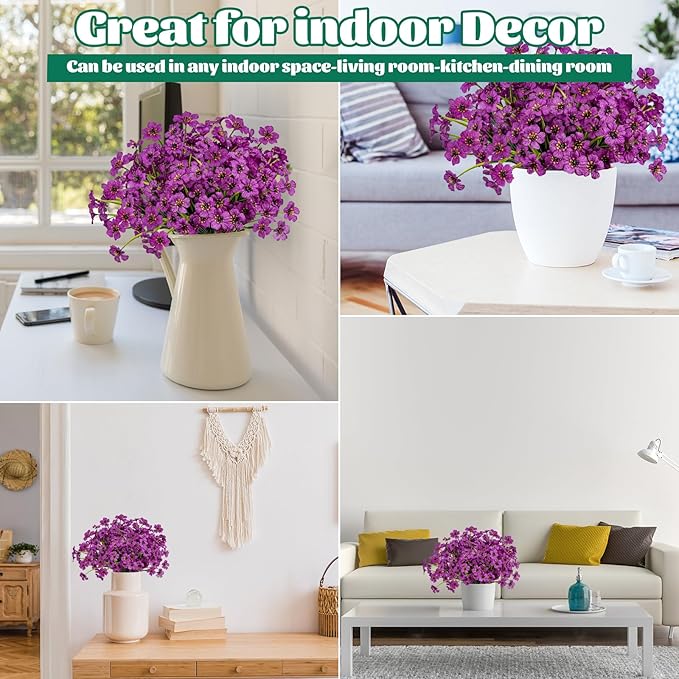 Lnoicy 12 Pcs Artificial Flowers for Outdoor,Plastic Flowers Decoration, UV Resistant Faux Flowers Shrubs, Artificial Plants for Indoor Outside Garden Home Wedding Farmhouse(Fuchsia)