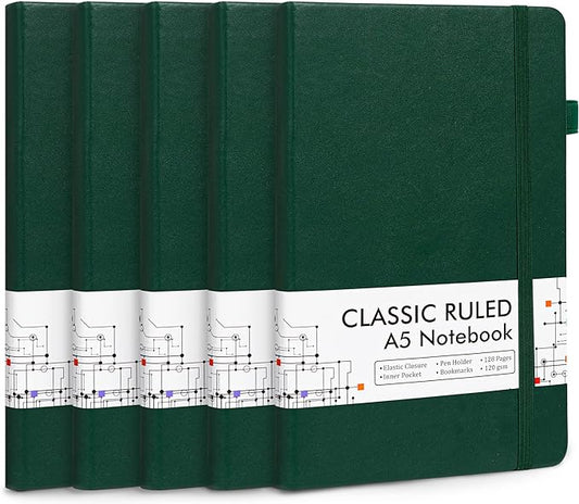 feela 5 Pack Journal Notebook Bulk for School, Hardcover Business Notebooks Classic Ruled Lined Journals with Pen Holder for Work Note Taking, with 5 Black Pens, 120 GSM, 5.1”x8.3”, A5, Dark Green