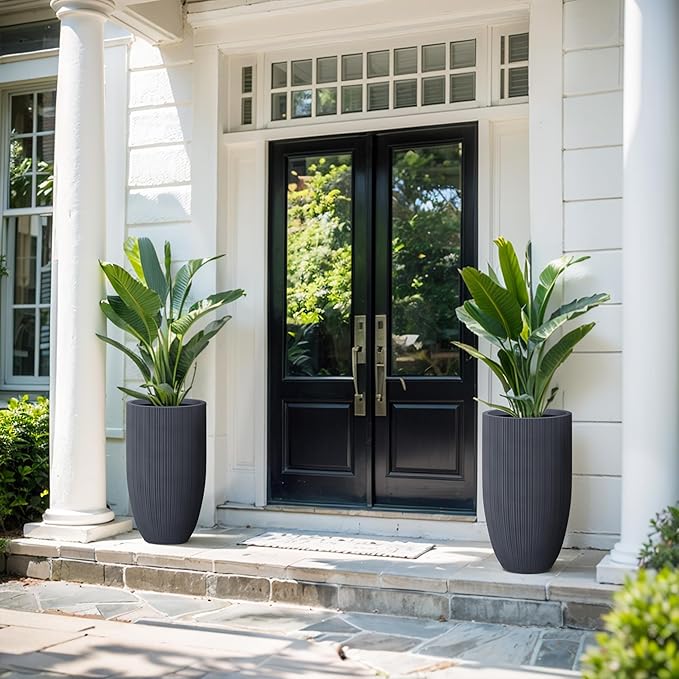 Kante 24 Inch Tall Round Concrete Planter, Large Indoor Outdoor Plant Pots with Drainage Hole and Rubber Plug, Modern Decorative Garden Pots for Home Patio Porch, Textured Charcoal