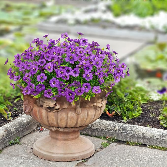 16 Bundles Artificial Flowers Outdoor Spring Summer Decoration Fake Silk Colorful Daisy Eucalyptus Realistic UV Resistant Outside Faux Plants for Garden Porch Window Box Home Decor (Purple)