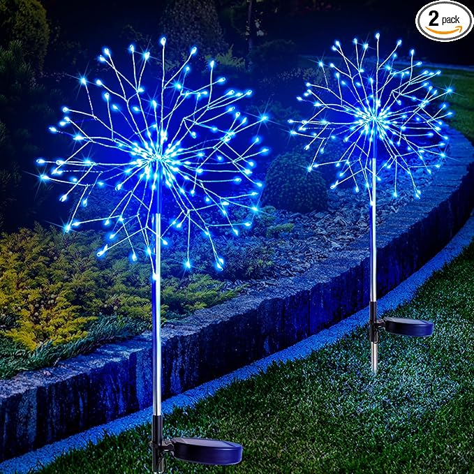 suddus Solar Garden Lights Outdoor Waterproof Decorative, 2Pack 150LED Firework Lights, Solar Fairy Lights for Yard, Garden, Party, Patio, Pathway, Flowerbed - Blue