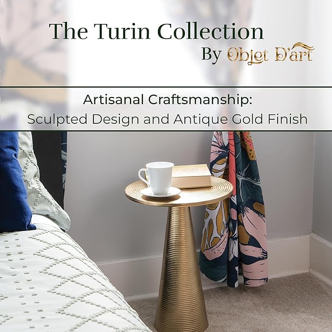 OBJET D'ART Small Round Gold End Tables, Set of 2, Turin, 22'' Height, Vintage Metal Accent, Side, Pedestal, Coctail and Drink Tables for Living Room and Small Spaces