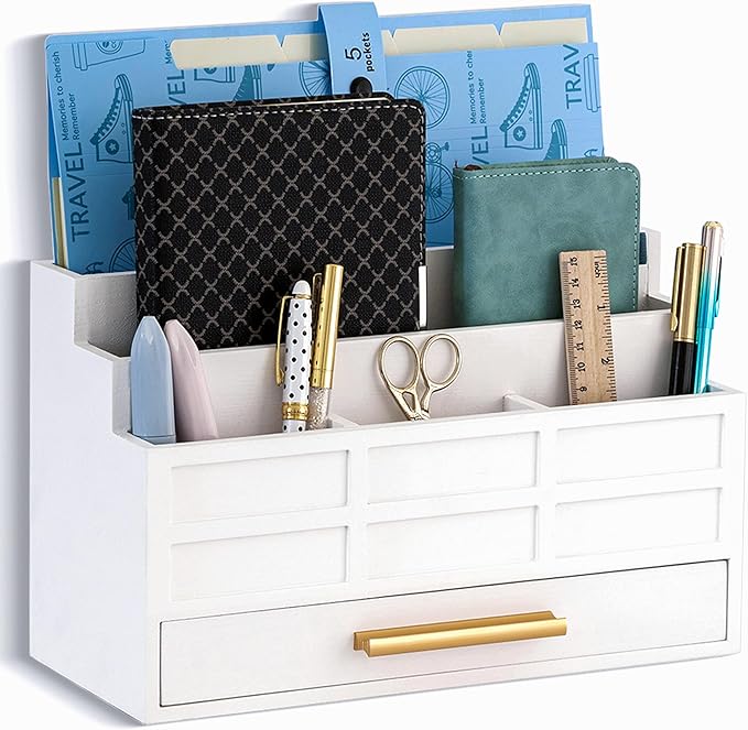 white Wood Desk Organizer and Accessories with Drawer, Bill Mail Organizer and File Mail Holder for Office Supplies, Rustic Desk Accessories & Workspace Organizers for Desk Organization