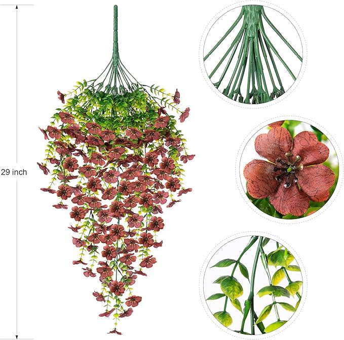 Artificial Mums for Outdoors Fake Hanging Flowers for Fall Decoration, 2 PCS Silk Daisy Flower Realistic Faux Plants UV Resistant for Porch Patio Window Yard Outside Autumn Decor(Brown)