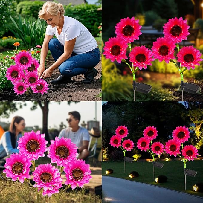 Solar Garden Flowers Lights Outdoor Waterproof Sunflower Solar Lights for Yard Decorations Garden Decor 3 Pack for Yard Patio Lawn Gift for Mom Women Mother's Day (Pink Sunflower)