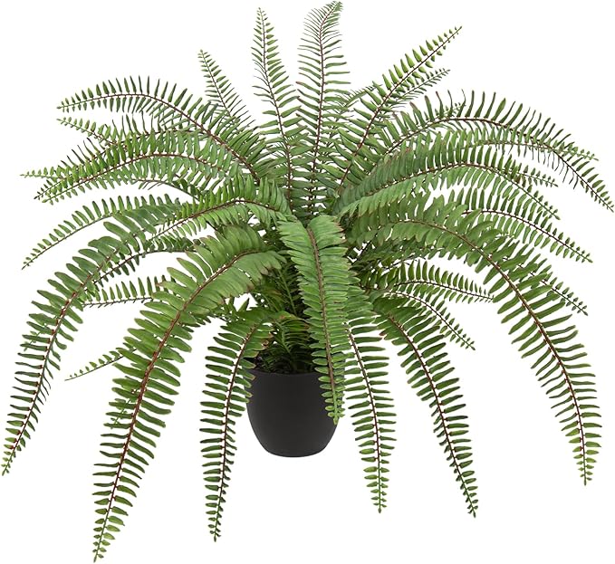 Hollyone Large Artificial Fern Potted Plant for Outdoors Indoors Lifelike Faux Boston Fern Artificial Plants in Black Pot for Garden Patio Home Farmhouse Windowsill Office Decoration