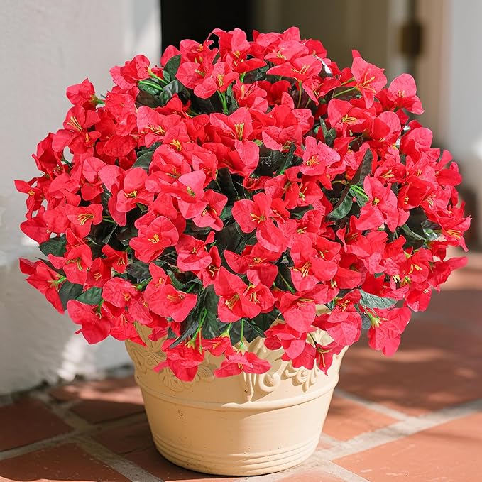 Ivydale Artificial Bougainvillea Flowers for Outdoors Decoration, 4 Bundles Fake Flower UV Resistant Realistic Silk Flowers for Outside, Faux Plants for Planter Patio Porch Window Home Decor (Red)