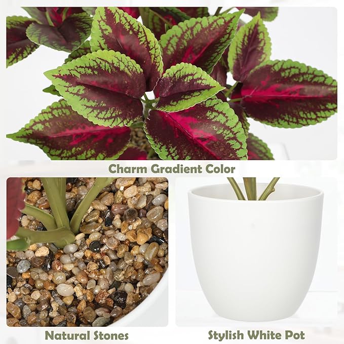 Artificial Plants Indoor 14.2" Small Fake Perilla Plant in Pot Potted Plants Artificial Decor Faux House Plant with White Pot for Farmhouse Home Office Bathroom Living Room Table Shelf Decor