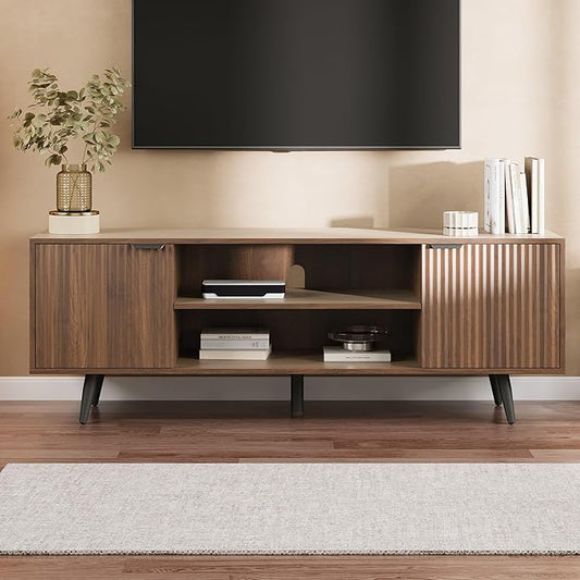 Modern TV Stand with Storage Cabinet, Wood Fashionable TV Cabinet with Waveform Panel and Adjustable Shelf, Entertainment Center TV Stand for TV, Living Room (Dark Walnut Wood)