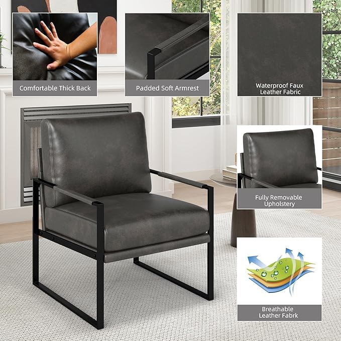 Phoenix Home Mid Century Modern Faux Leather Accent Chair, Metal Framed Armchair with Extra Soft Removable Seat Cushion & Backrest for Living Room Bedroom Waiting Room, Easy to Clean, Gray