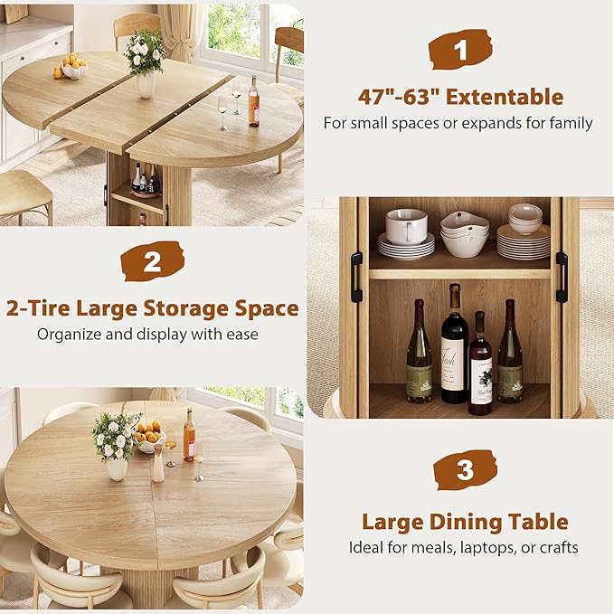 Extendable Round Kitchen Dining Room Table for 4-6 with 2-Tier Storage Shelf, 63'' Space Saving Expandable Wood Oval Circle Dinner Furniture with Pedestal Base (Natural Oka)