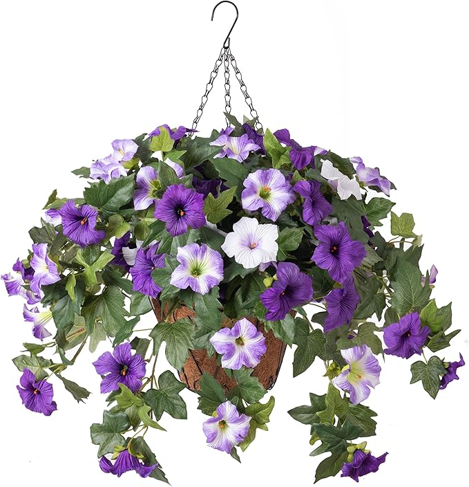 Artificial Hanging Fake Flowers with Basket Plants for Outdoor Decoration, Faux Silk Flower UV Resistant Morning Glory for Home Porch Patio Garden Balcony Yard Look Real (Purple White)