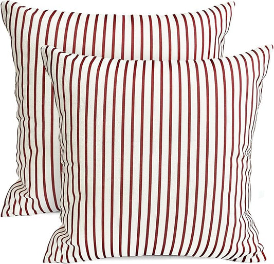 Decorative Throw Pillow Covers Set of 2 Wine Red Striped Pillow Covers 16x16 Inch Throw Pillow Cover Linen Pillowcase Modern Farmhouse Outdoor Pillow Covers for Couch Sofa Living Room