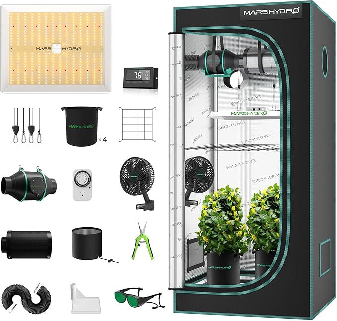 MARS HYDRO 3x3 Grow Tent Kit with Temperature Humidity Controller,150W TS1000 LED Grow Light,32"x32"x63" 1680D High Reflective Mylar,4 inch Customized Ventilation System,10 Speed Grow Tent Fan