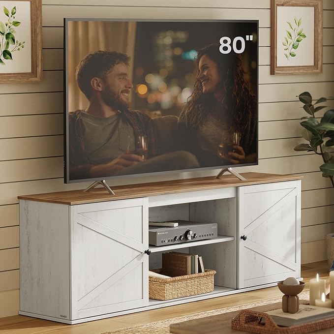VASAGLE Farmhouse TV Stand for TVs up to 80 Inches, Entertainment Center with Storage Cabinets and Sliding Barn Doors, Media Console Table for Living Room, Rustic White and Honey Brown ULTV537W01