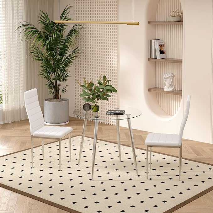 Tempered Glass Dining Table 32 inch Round Kitchen Table with Silver Metal Legs Modern Dinner Table for Dining Room Kitchen Small Space