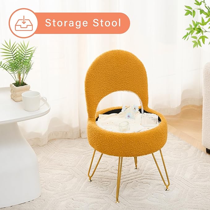Storage Ottoman Vanity Stool Chair with Folding Back Teddy Velvet Makeup Chair Multifunctional Upholstered Footstool for Bathroom Vanity Bedroom Living Room Entryway