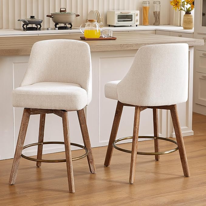 IWOOD Mid Century Modern Counter Height Bar Stools Set of 3,360° Swivel Barstools with Solid Wood Legs,26'' Island Chairs with Wrap-Around Backrest,Beige Linen Comfort Fabric