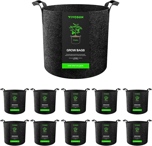 VIVOSUN 10-Pack 3 Gallon Grow Bags, Reinforced Planter Fabric Pots for Gardening Black