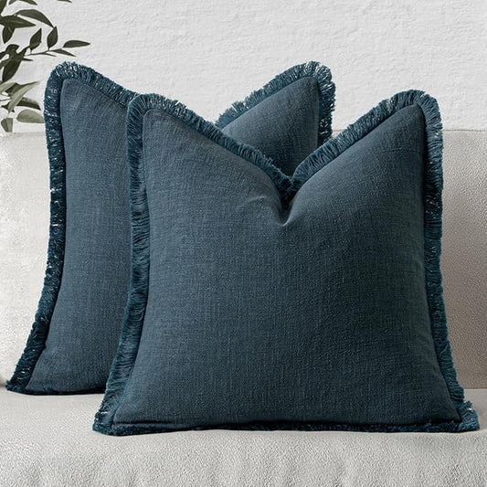 MIULEE Decorative Throw Pillow Covers Neutral Linen Fringe Throw Pillows Set of 2 Navy Blue Boho Farmhouse Cushion Covers with Tassels for Couch Sofa Bed Living Room Spring Home Decor 18x18 Inch