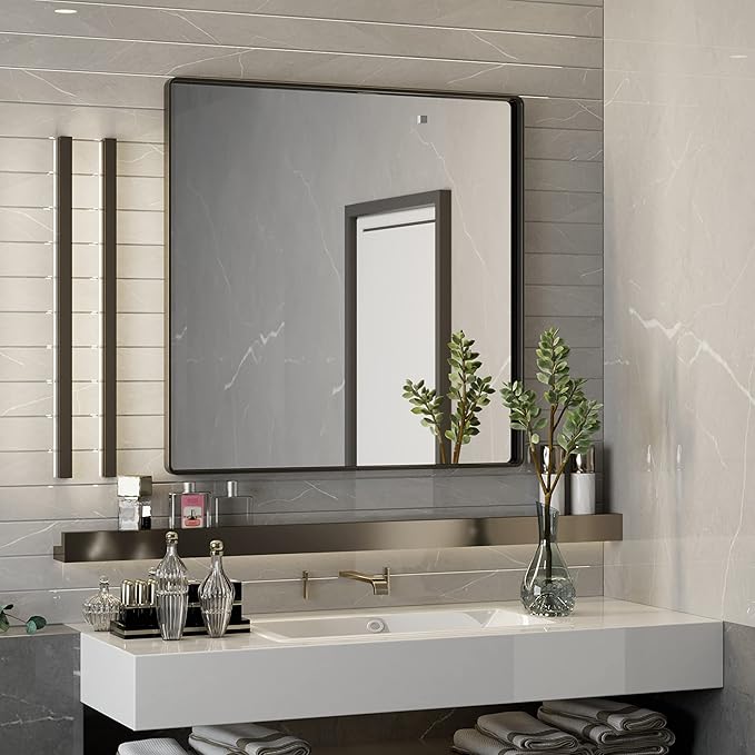 ISKM 30"x 30" Black Framed Bathroom Mirror for Wall, Bathroom Vanity Mirror Anti-Rust, Tempered Glass, Rounded Rectangle Mirror(Horizontal/Vertical)